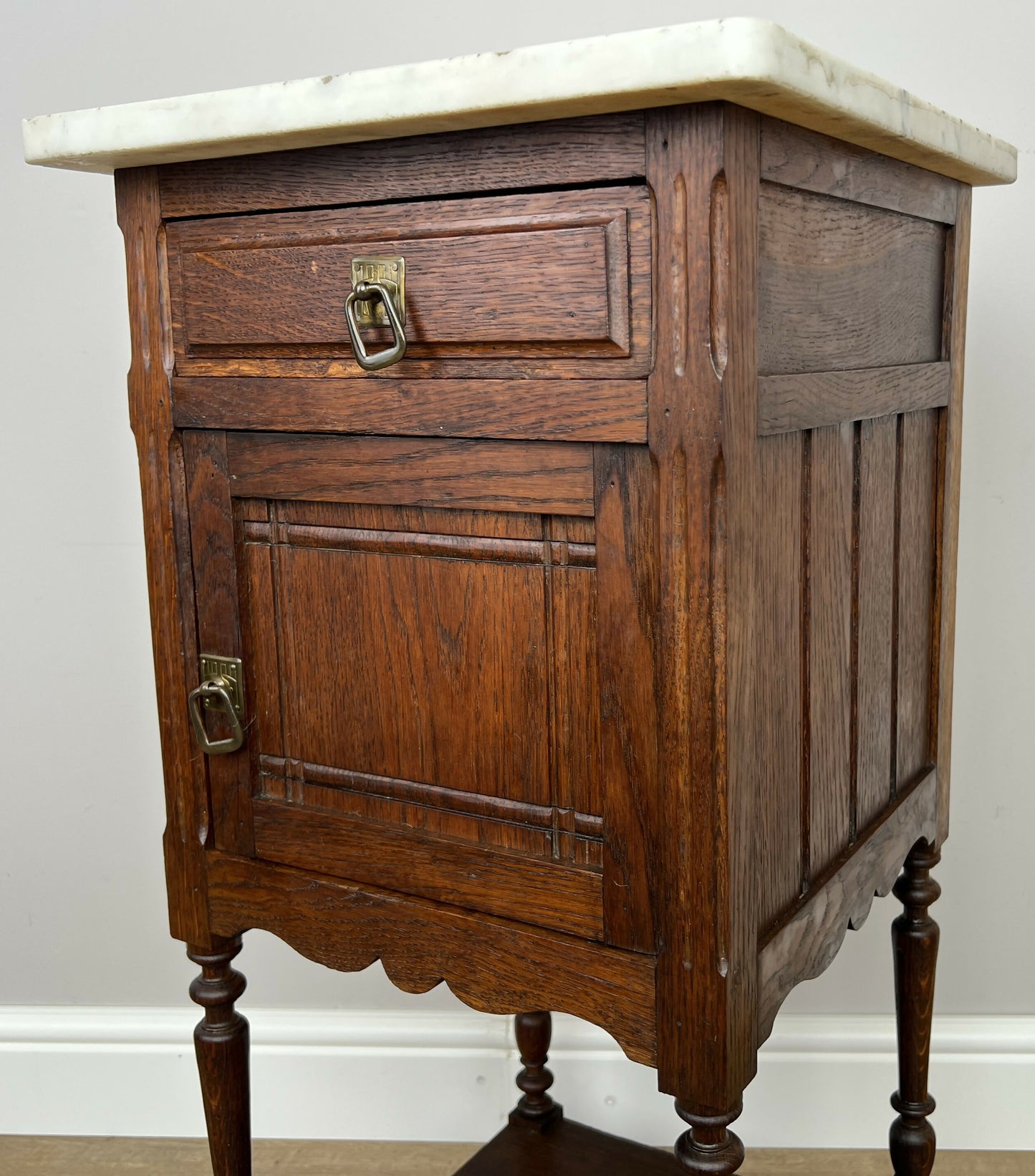 Bedside Table Antique French Style Marble Top Oak Cabinet Nightstand LOT 6246
