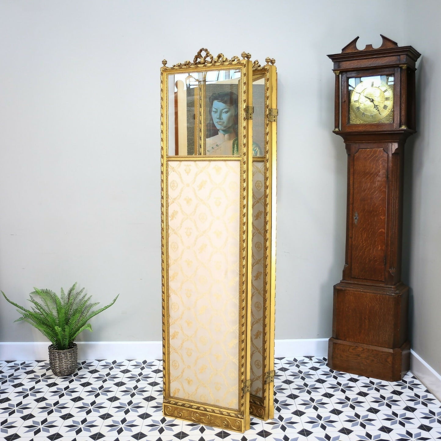 Folding Screen Room Divider Gilt Wood French Empire Style Paravent Silk and Glas