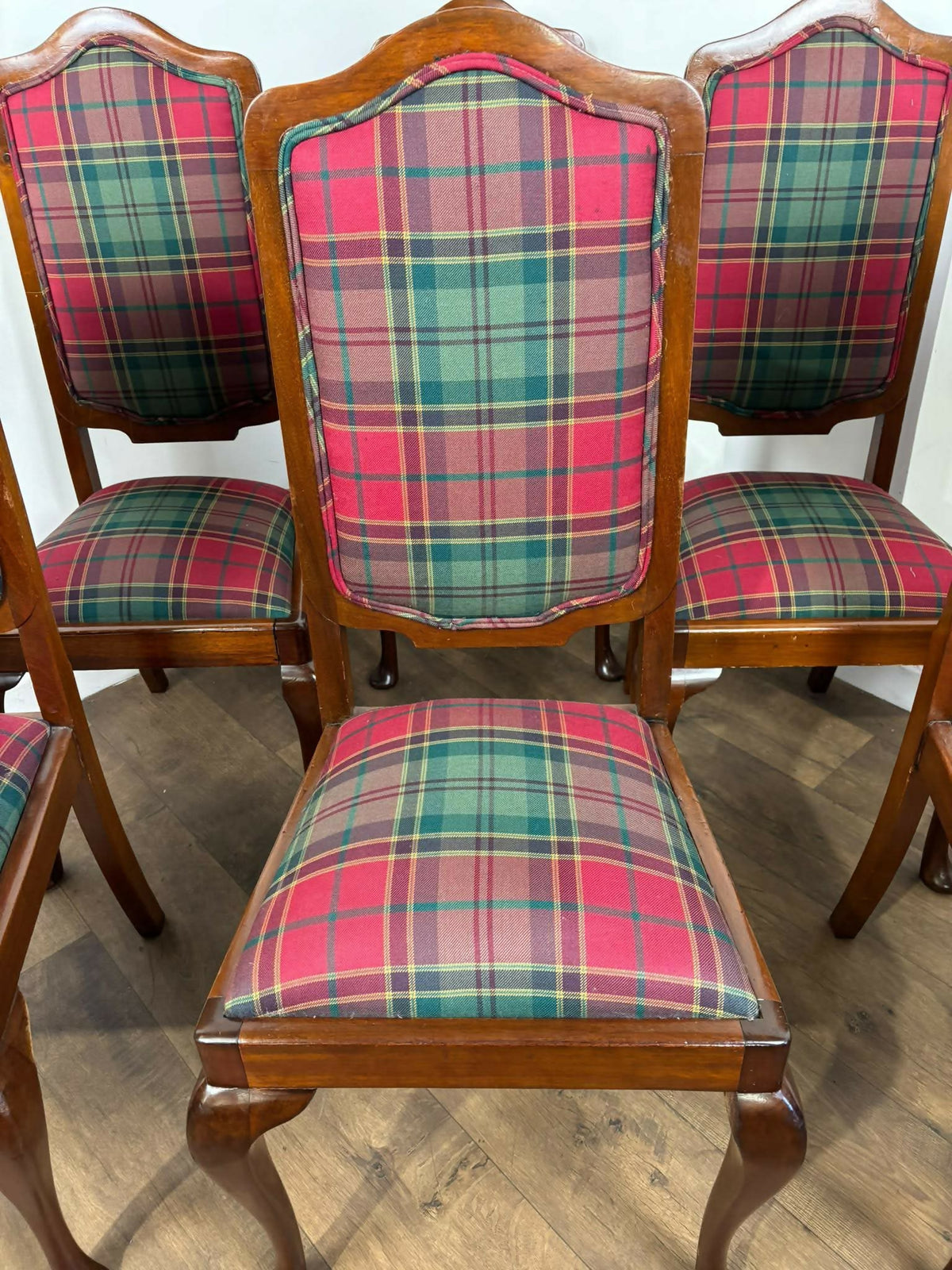 Set Of Six Antique Tartan Upholstered Dining Chairs