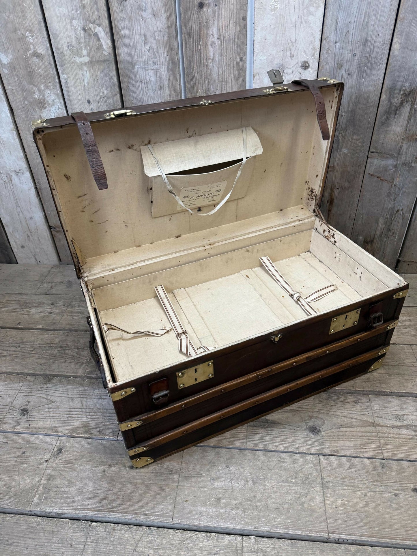 Antique full leather and brass bound travel trunk coffee table