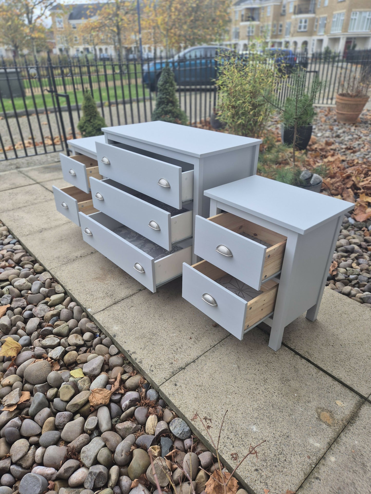 Beautiful bThis stunning large chest of drawers and bedside drawers have been painstakingly transformed using Frenchic paints, waxes and Sheen's. The drawers have been strengthened and lined with gorgeous embossed paper to keep your clothes cosedroom set