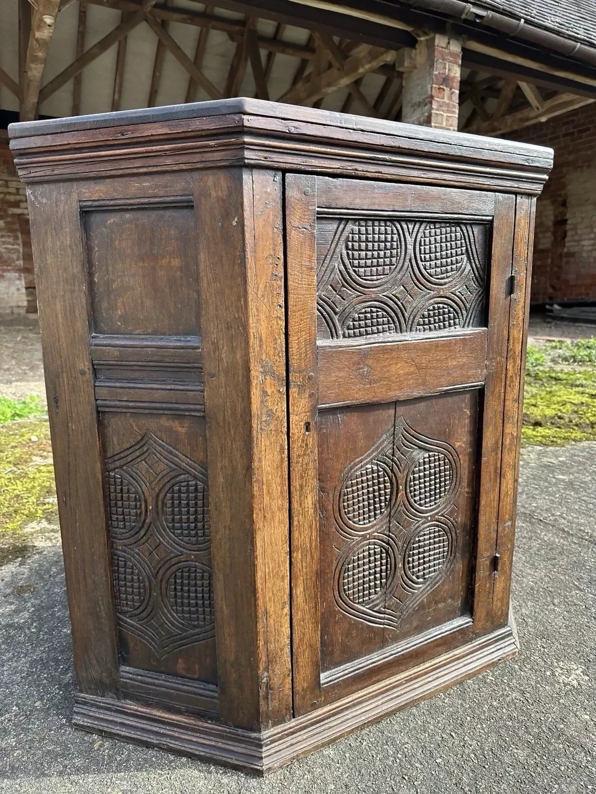 Antique Ecclesiastical Carved Oak Corner Kitchen Pantry Storage Cupboard