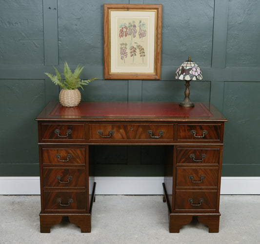 Antique Style Mahogany Pedestal Desk with Red Leather Top