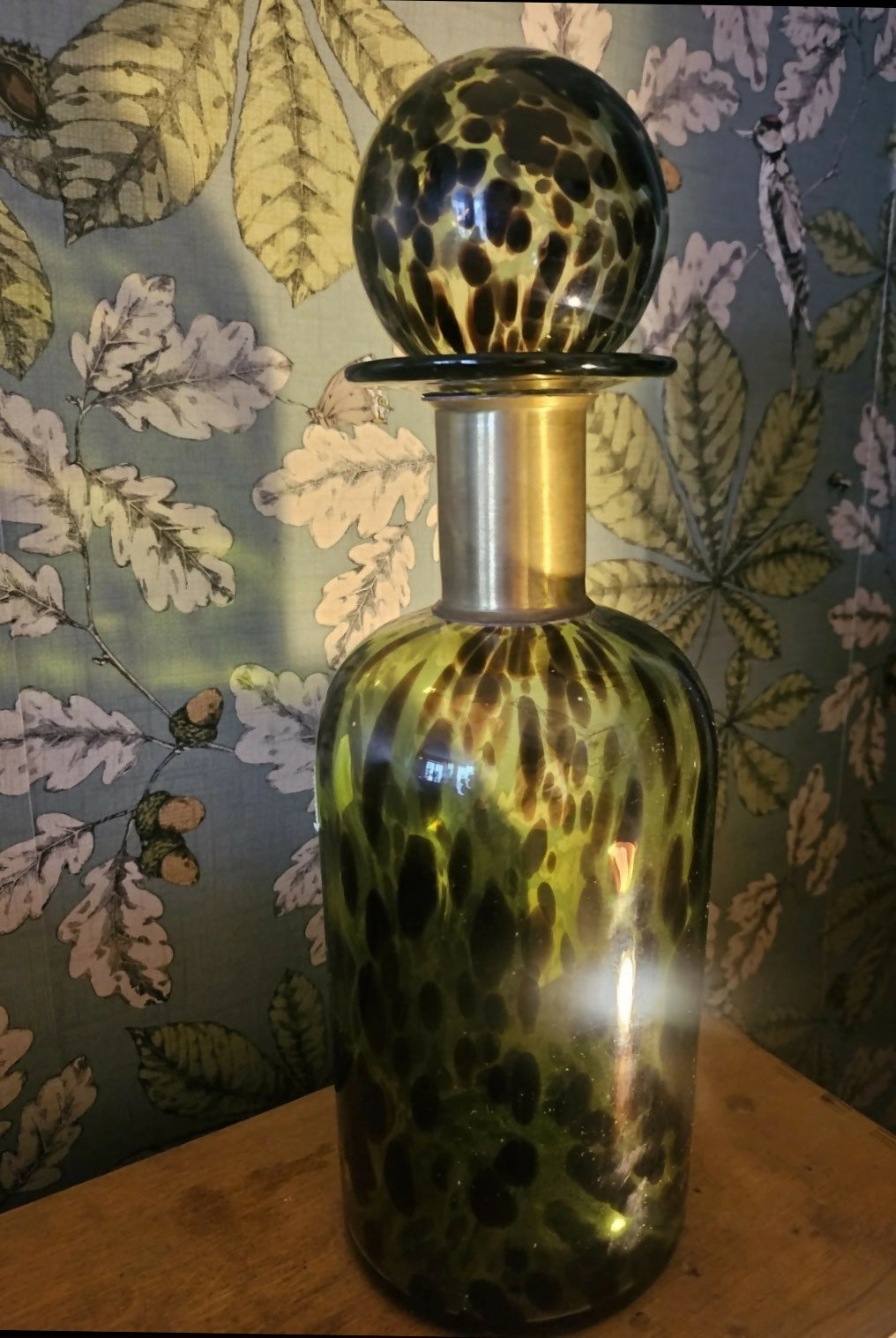 Green Glass Apothecary Bottle with Brass Collar