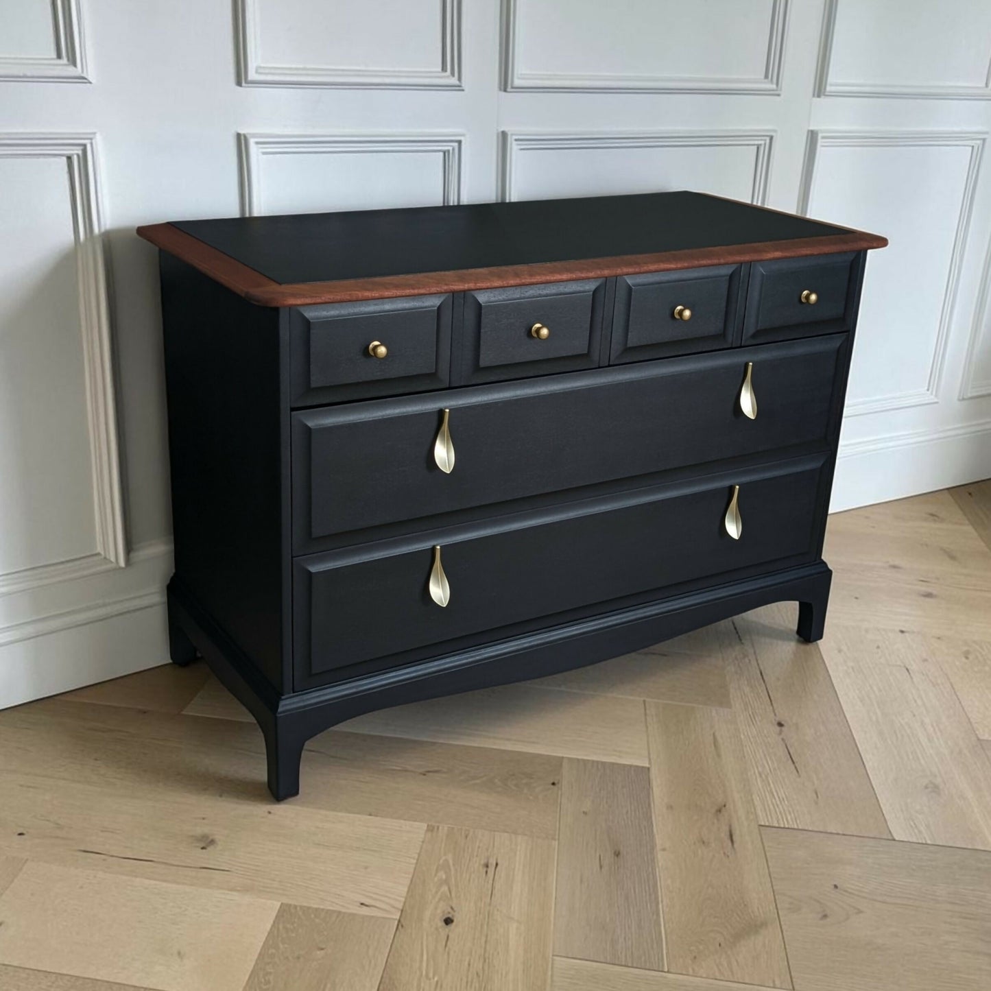 Stag Mid-Century Modern Black Chest of Drawers, Cherry Wood, Gold Leaf Knobs