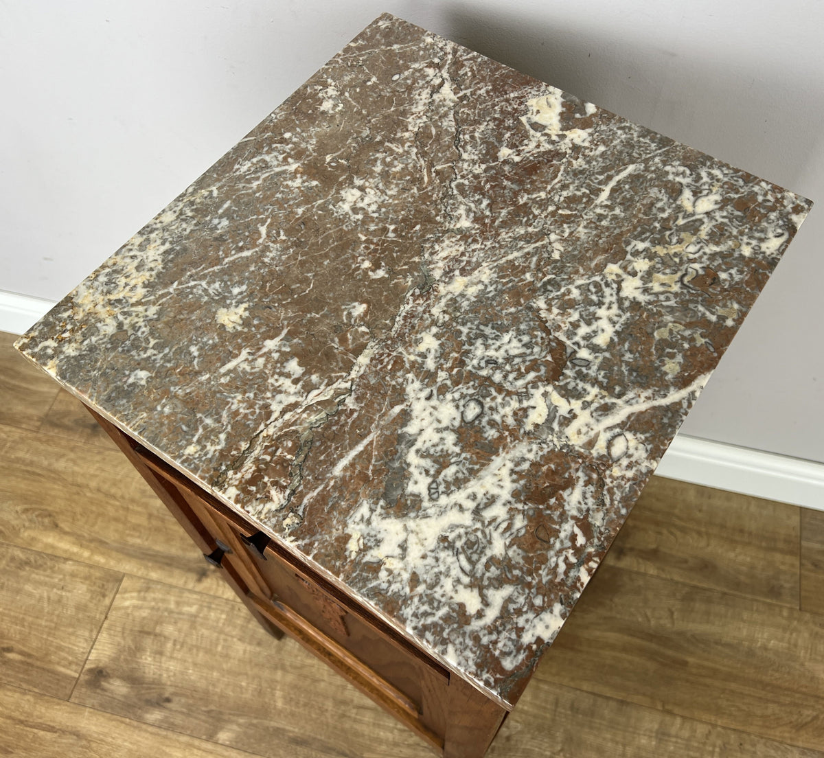 Bedside Table Antique French Style Oak Carved Marble Top Cabinet LOT 6602