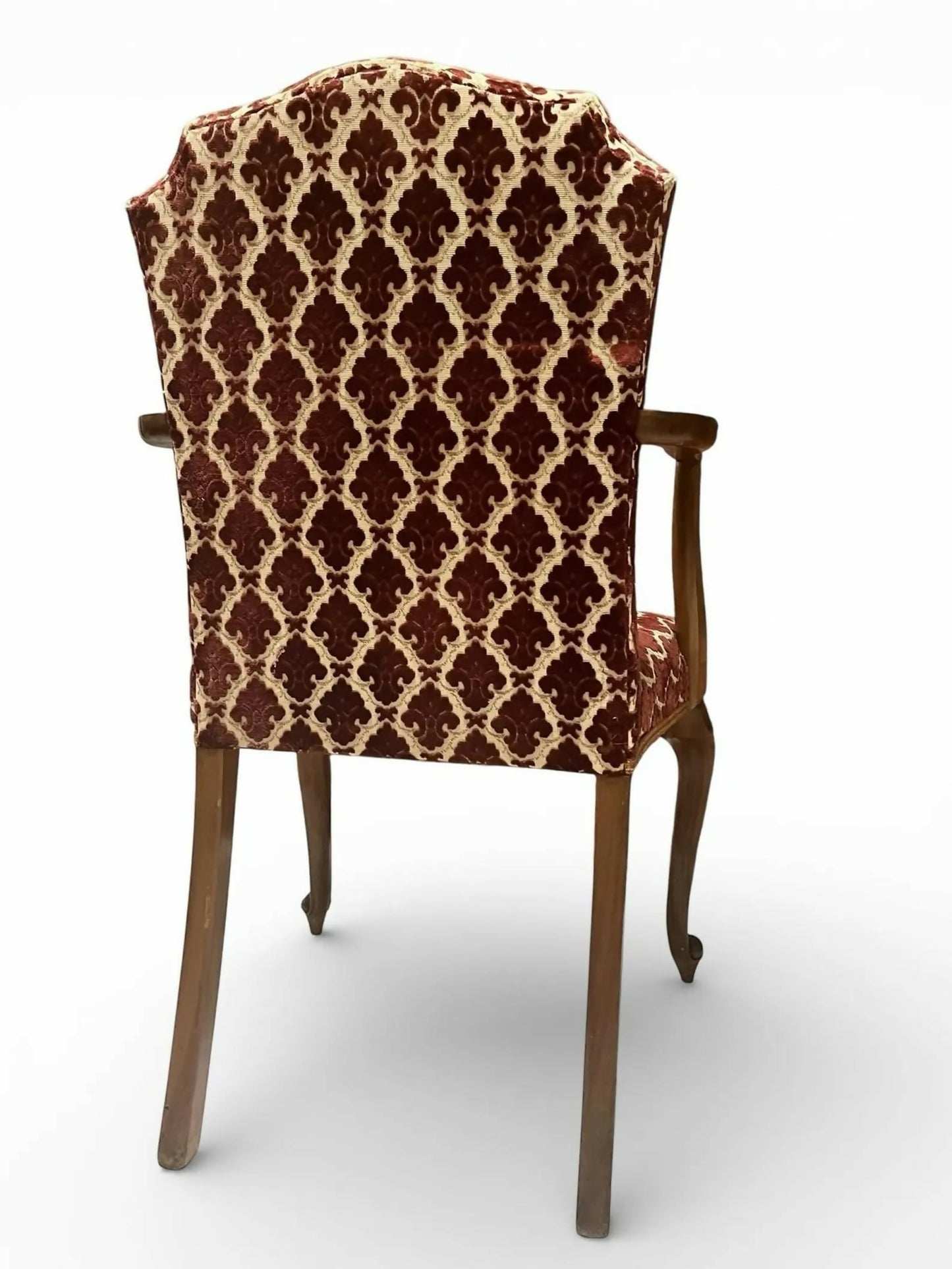 Antique Upholstered Armchair 93cm High 57cm Wide Red Pattern Fabric Wooden Frame
