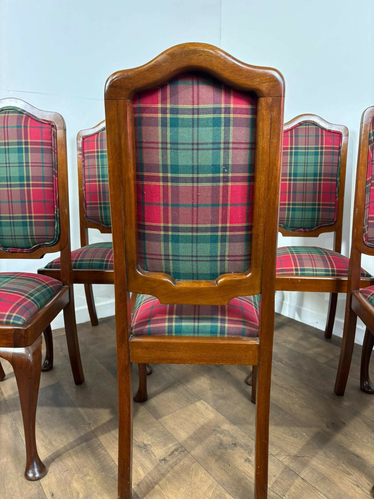 Set Of Six Antique Tartan Upholstered Dining Chairs