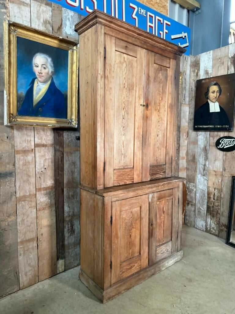 Vintage Early Victorian Tall Pine Housekeeper Pantry Kitchen Larder Shelves Double Cupboard, c.1820