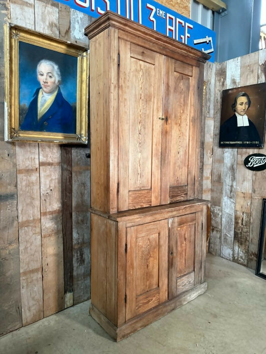 Vintage Early Victorian Tall Pine Housekeeper Pantry Kitchen Larder Shelves Double Cupboard, c.1820