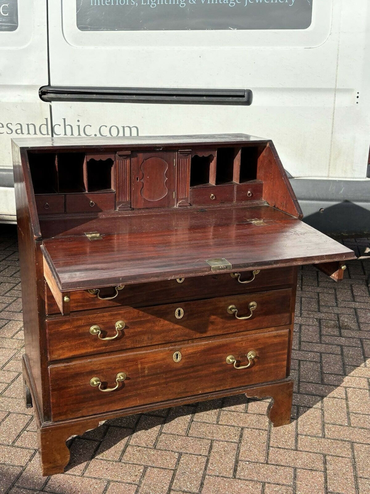 English Georgian Mahogany Desk, Fitted Interior, Secret Drawers, Brass Handles