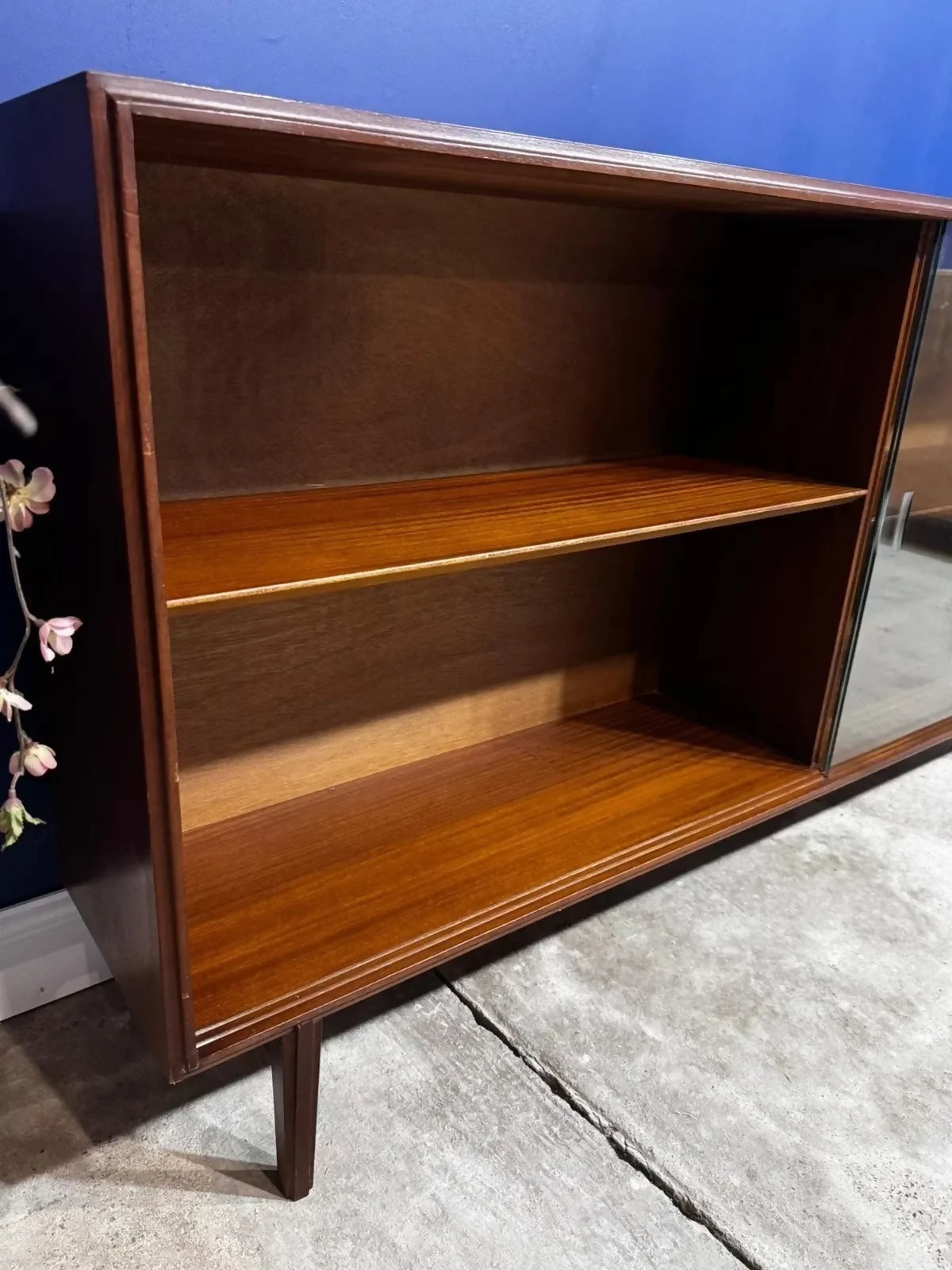 Vintage Glass Teak Display Bookcase Wide Teak Mid Century Glass Display Cabinet