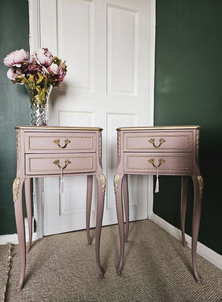 Pair of Olympus Louis style vintage pink and gold bedside drawers