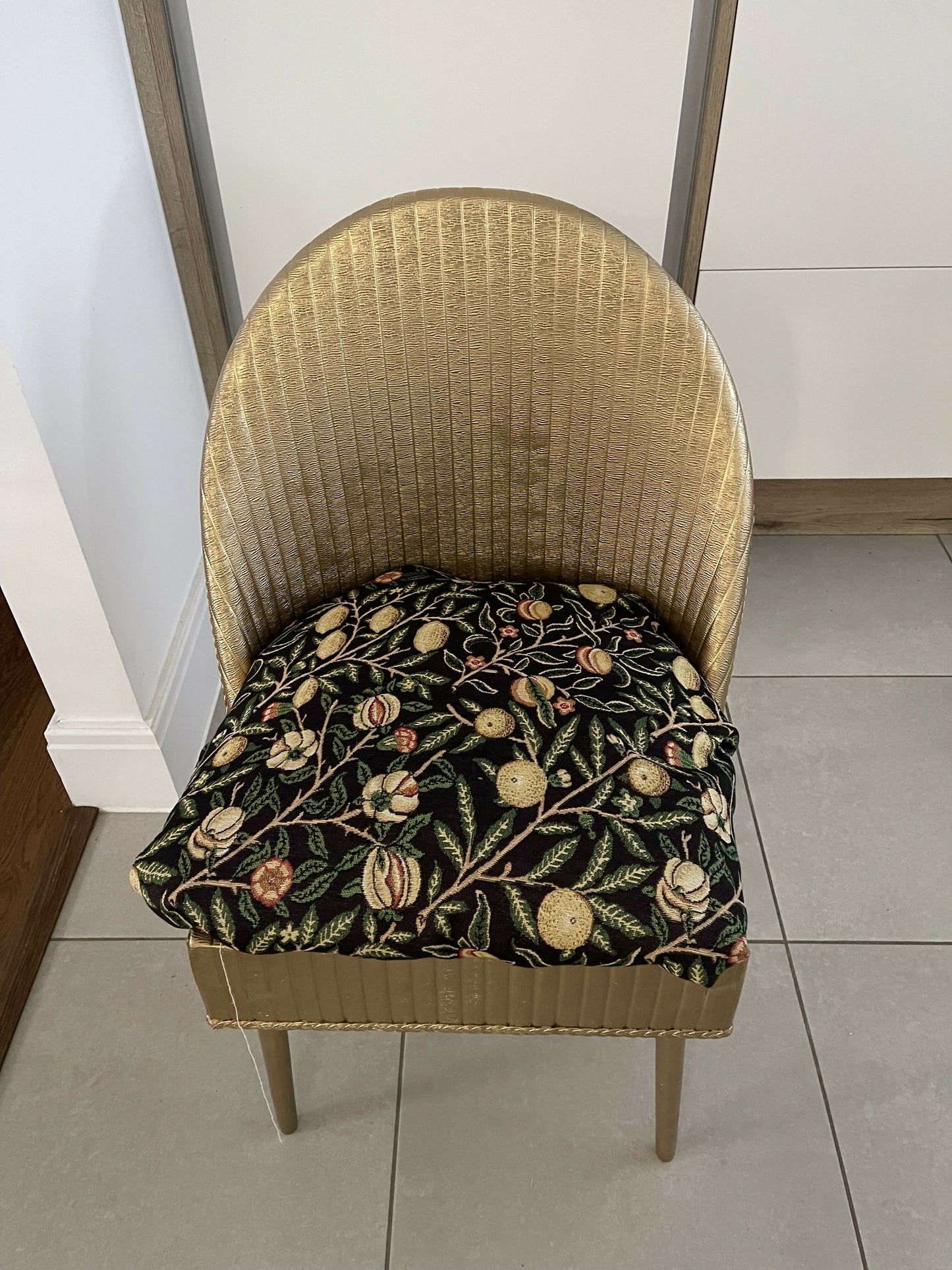 Accent chair. Gold painted wipe clean plastic with your choice of fabric seat. Removable with small storage space beneath.