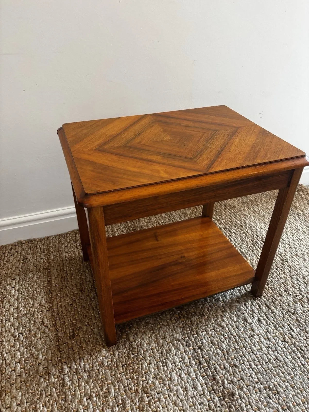 Mid Century Chevron Side Table Teak Veneer Geometric Top Vintage 1960s Lamp VGC
