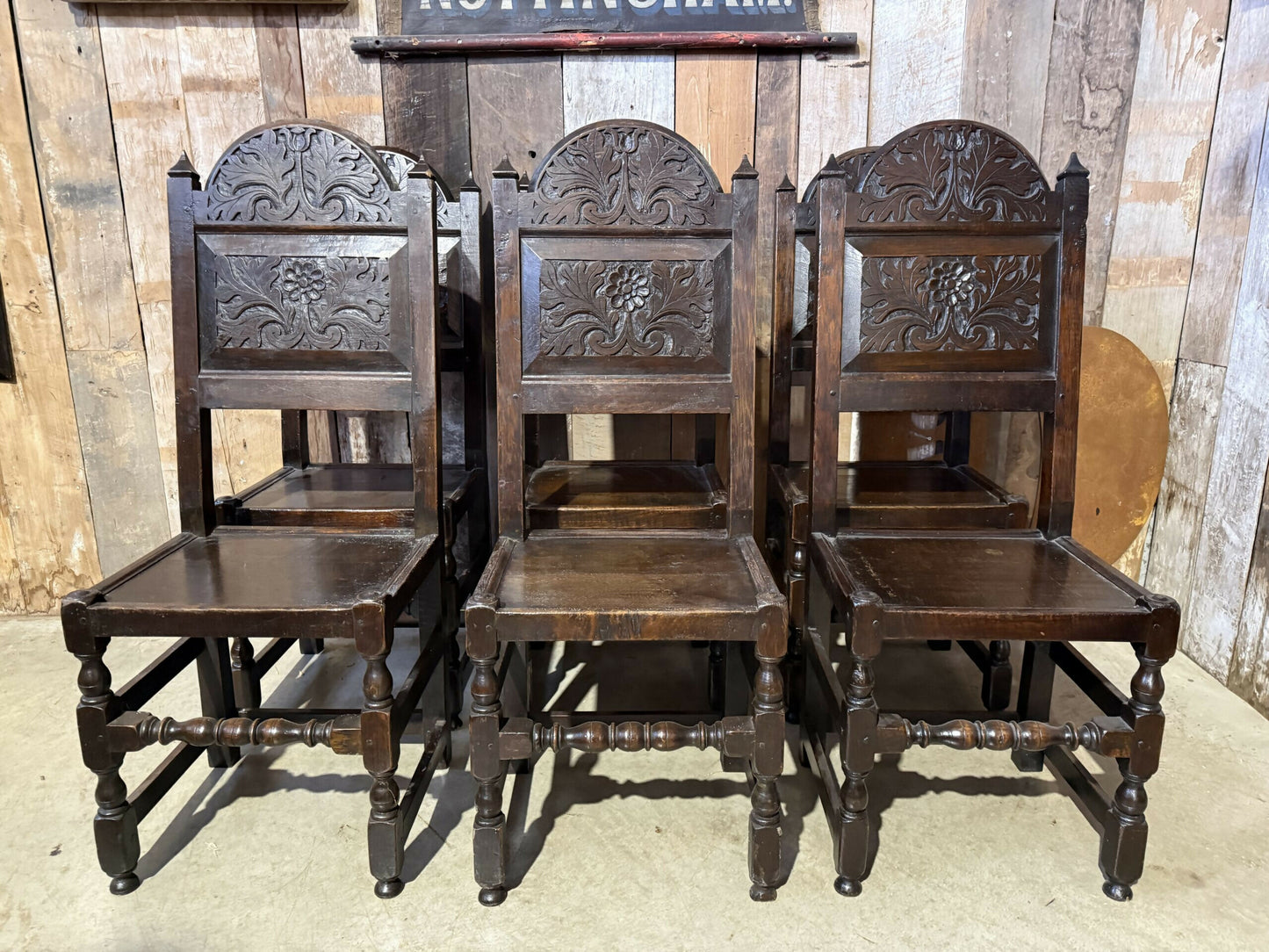 Antique Set Six 6 Oak Cromwellian Revival High Back Carved Edwardian Dining Chairs, c1920