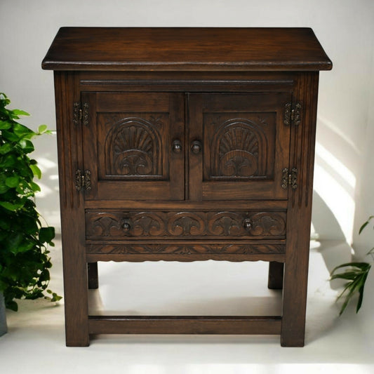 Vintage Oak Pedestal Cupboard Carved Narrow Drawer Double Doors FREE UK Delivery