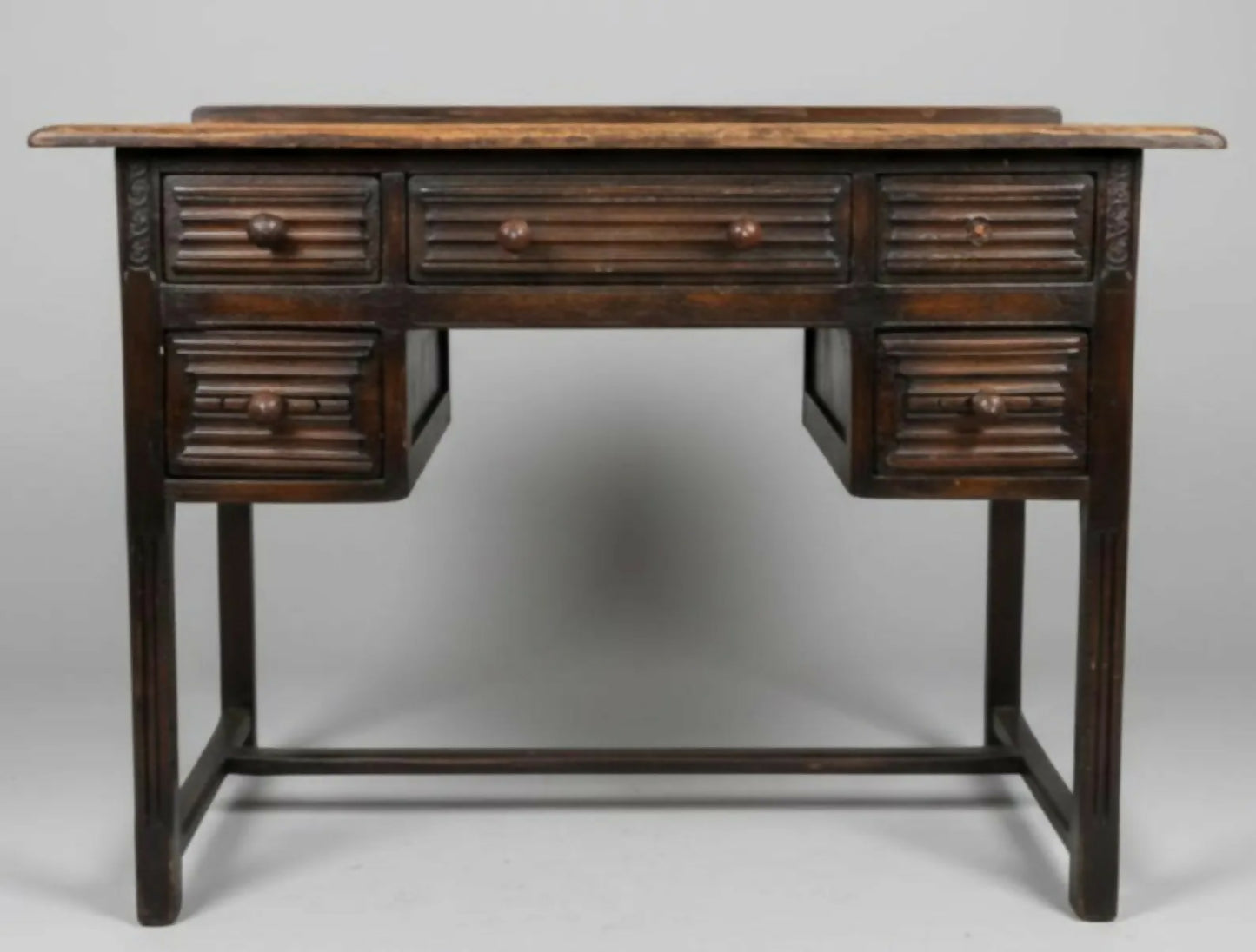 Vintage 1930s Solid Wood Desk 5 Drawer Console Table Carved Front 109cm