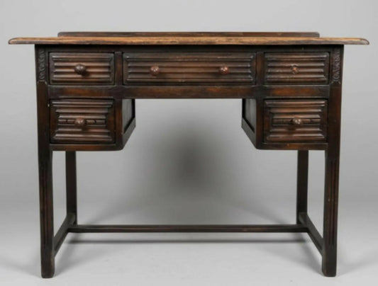 Vintage 1930s Solid Wood Desk 5 Drawer Console Table Carved Front 109cm
