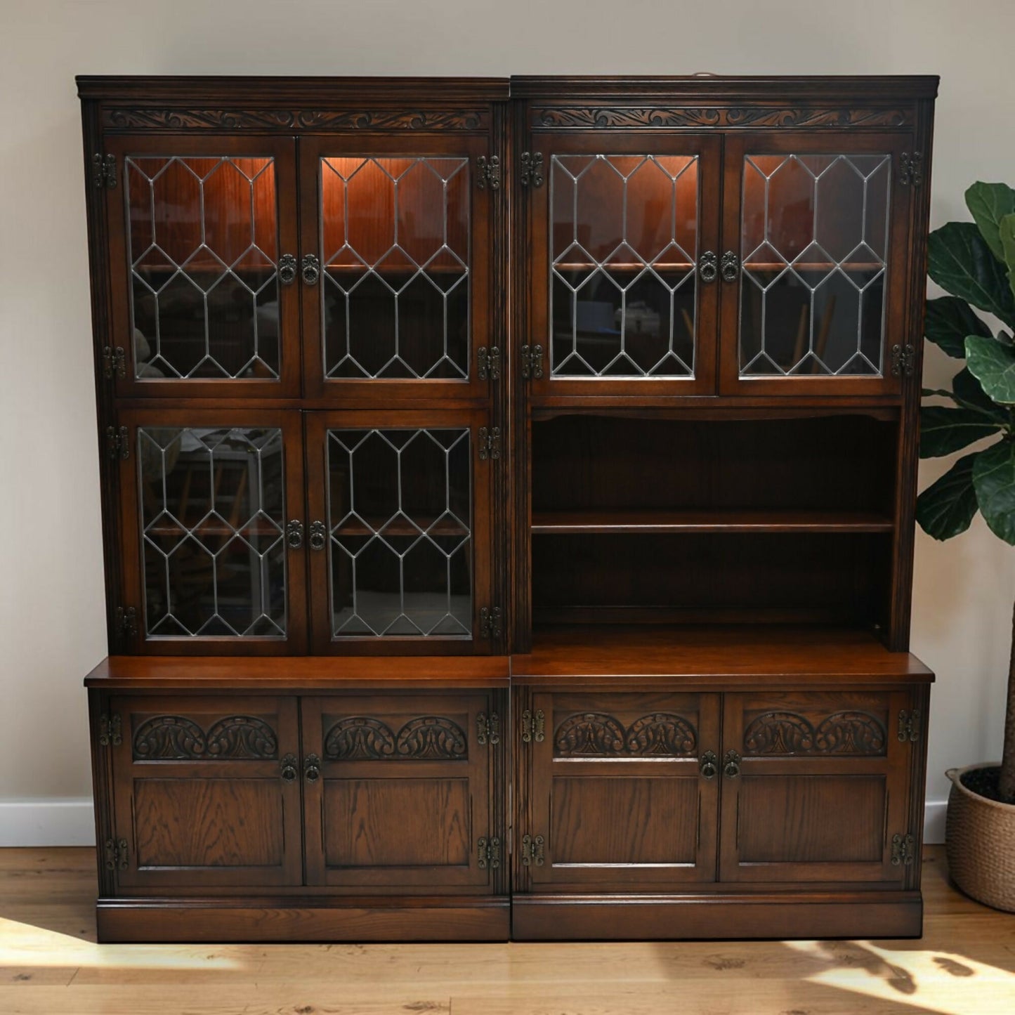 Old Charm Large Wall Unit Display Cabinet Bookcase Tudor Brown FREE UK Delivery