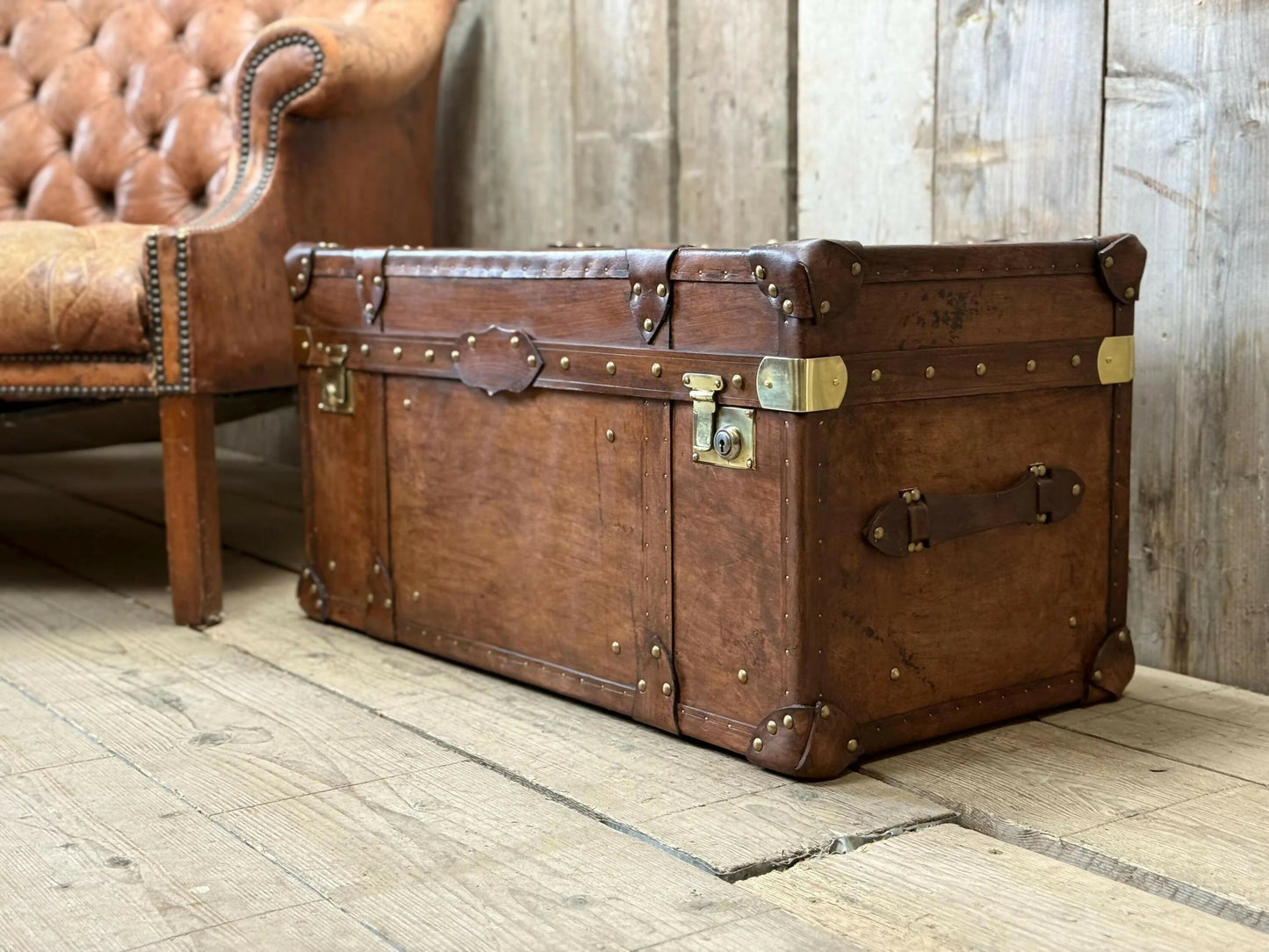 Luxury Hand dyed medium oak leather storage trunk
