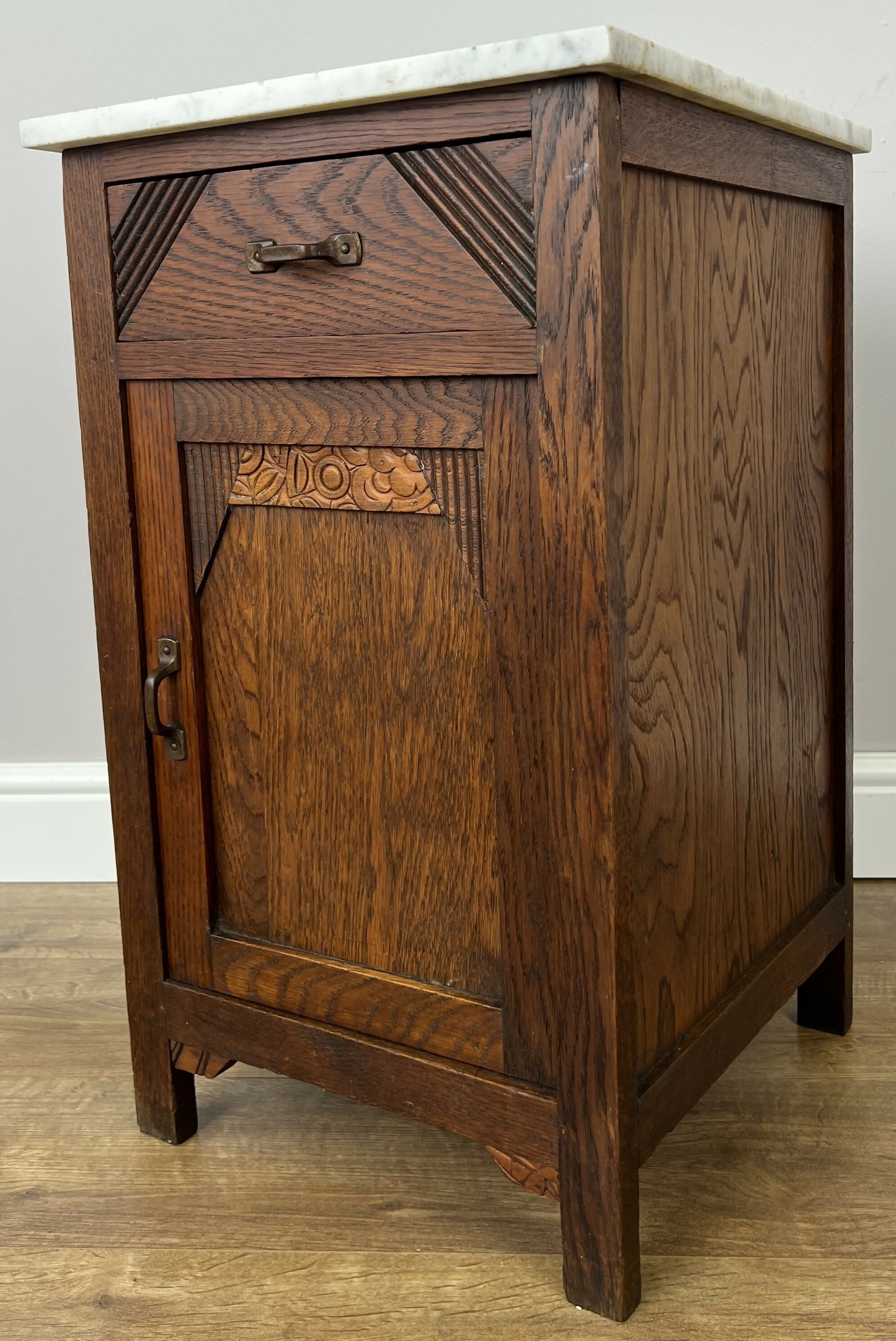 Bedside Table Antique French Marble Top Oak Cabinet Carved Cupboard LOT 6200