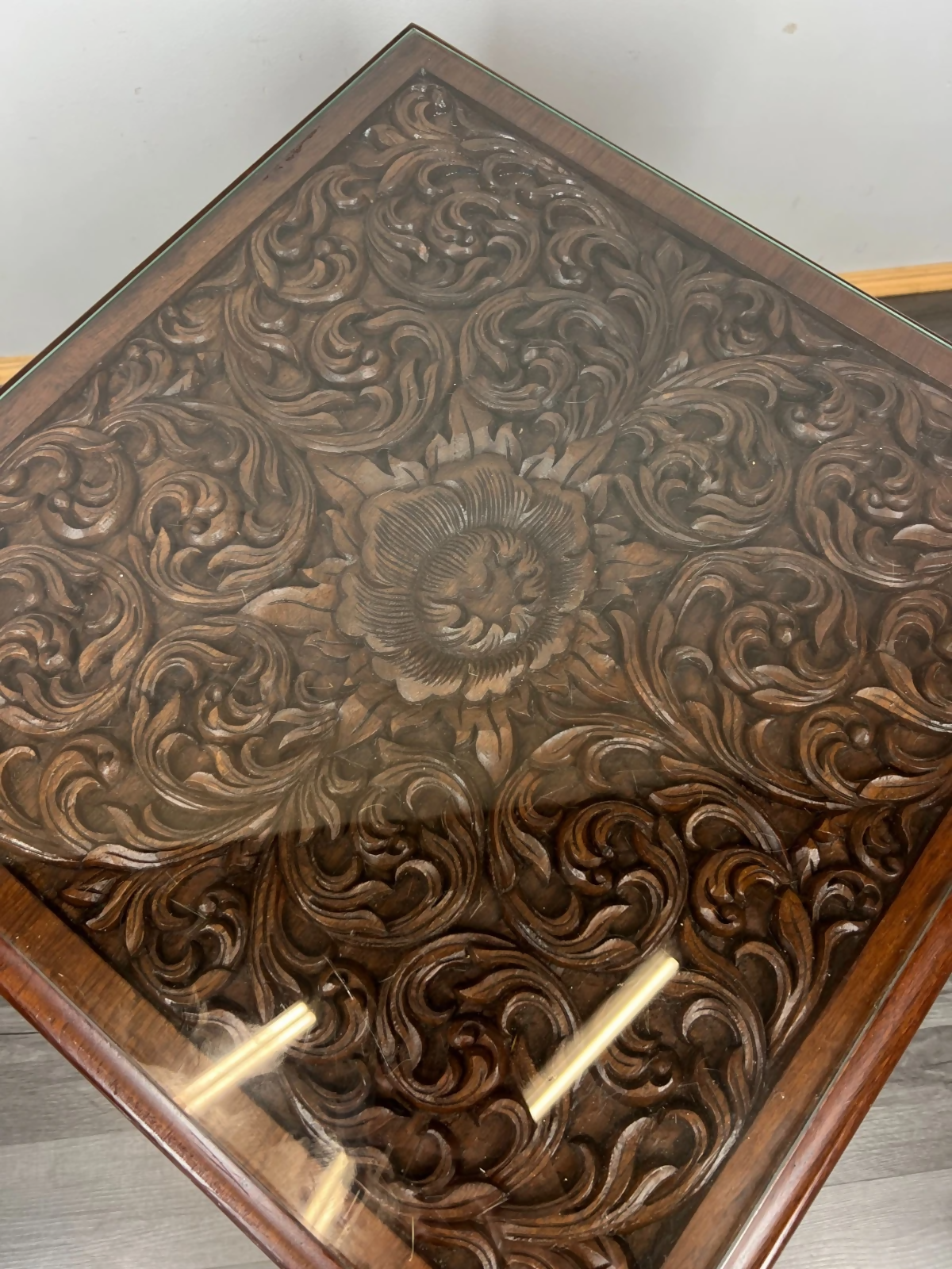 Plant Stand Chinese Mahogany Hand Carved Design Glass Top Coffee Table LOT 24327