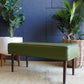 Mid Century Modern Olive Green Vinyl Bench Stool With Tapered Legs