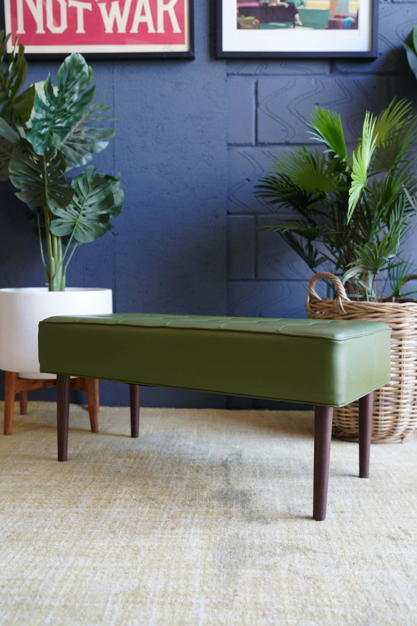 Mid Century Modern Olive Green Vinyl Bench Stool With Tapered Legs