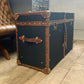 Vintage English Black Millerain Canvas & Tan Leather Coffee Table Trunk