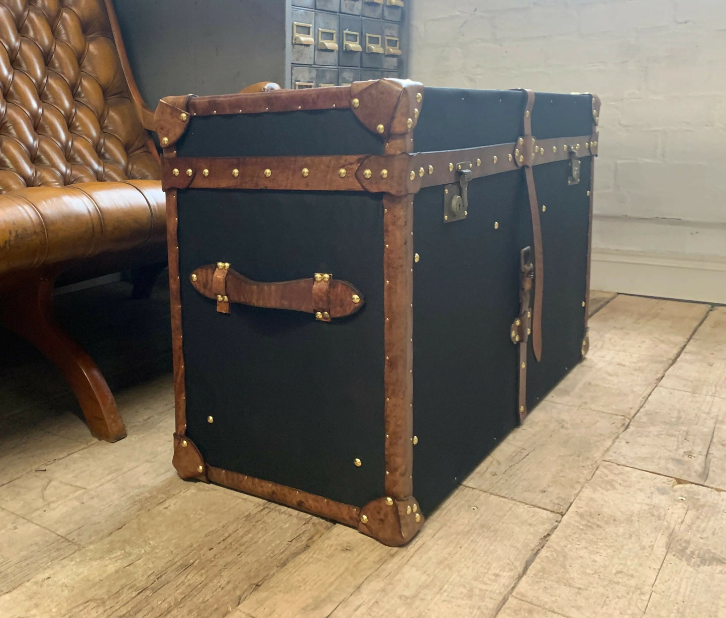 Vintage English Black Millerain Canvas & Tan Leather Coffee Table Trunk