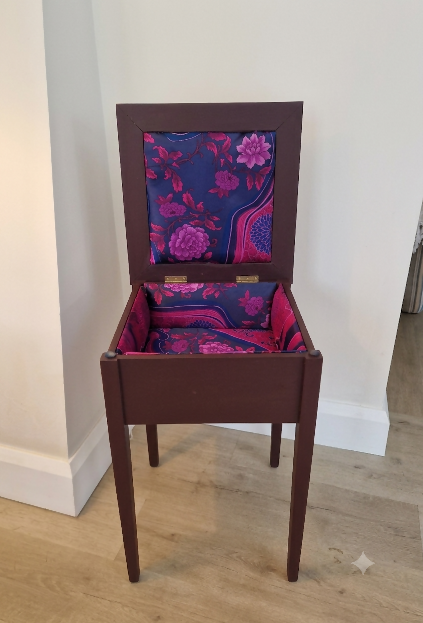 Antique Sewing Box Table — Aubergine painted, Silk lined