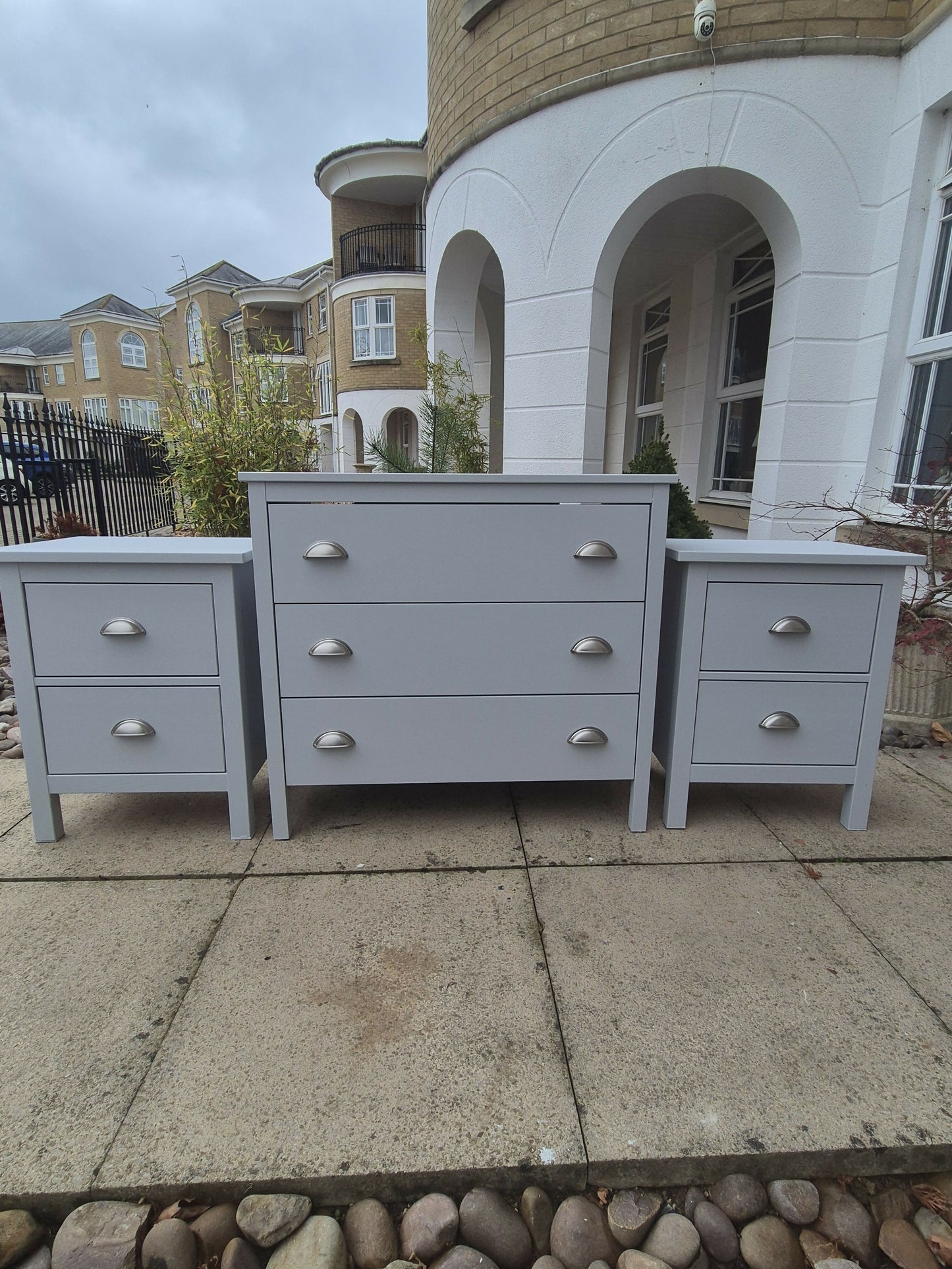 Beautiful bThis stunning large chest of drawers and bedside drawers have been painstakingly transformed using Frenchic paints, waxes and Sheen's. The drawers have been strengthened and lined with gorgeous embossed paper to keep your clothes cosedroom set