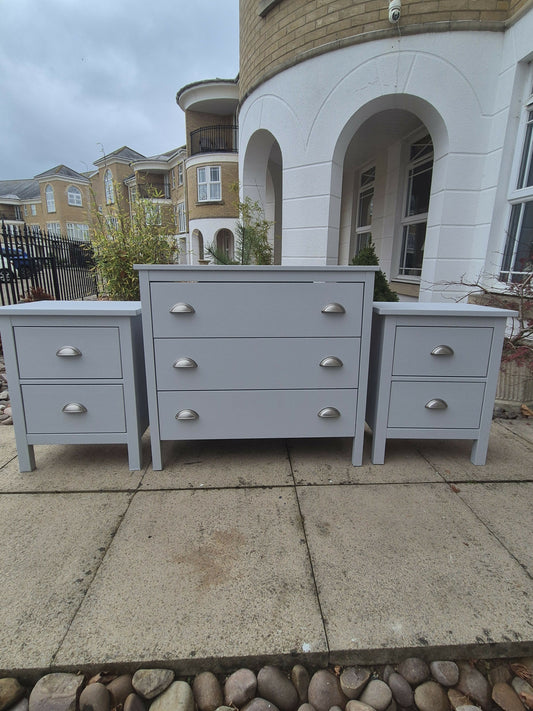Beautiful bThis stunning large chest of drawers and bedside drawers have been painstakingly transformed using Frenchic paints, waxes and Sheen's. The drawers have been strengthened and lined with gorgeous embossed paper to keep your clothes cosedroom set