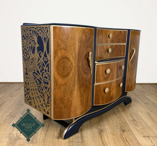 Art deco style Sideboard/Buffet. Palmer House Hotel Tiffany Peacocks. Navy Blue and Gold