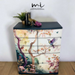 Beautiful watercolour floral mural extra large chest of drawers in a deep teal navy blue. Solid wood, botanical sideboard