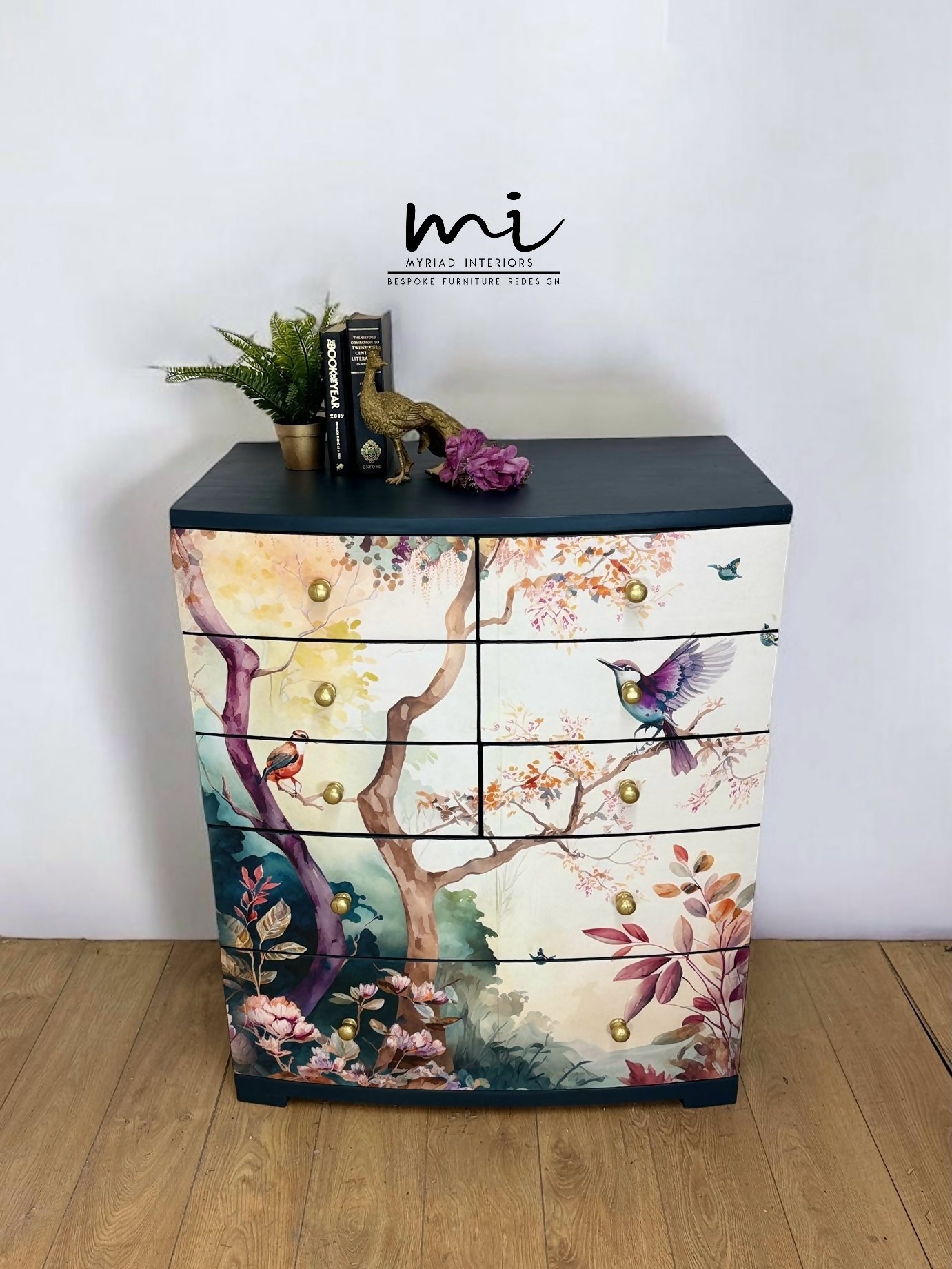 Beautiful watercolour floral mural extra large chest of drawers in a deep teal navy blue. Solid wood, botanical sideboard