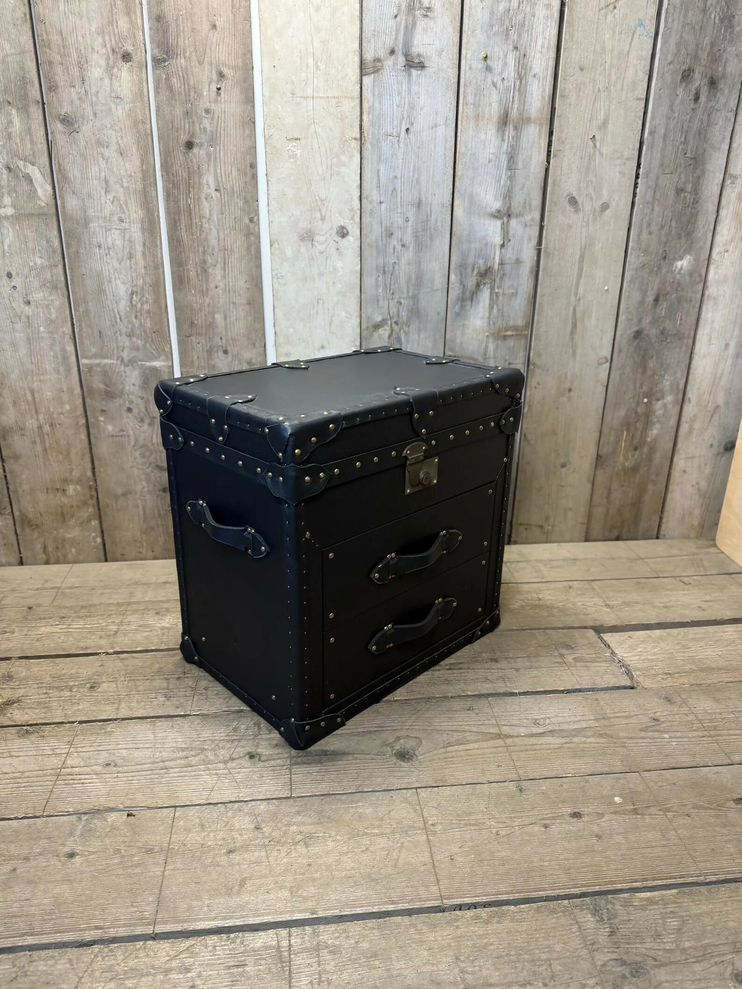 Leather 2 Draw Accent Blue Vintage Storage Trunk End Table