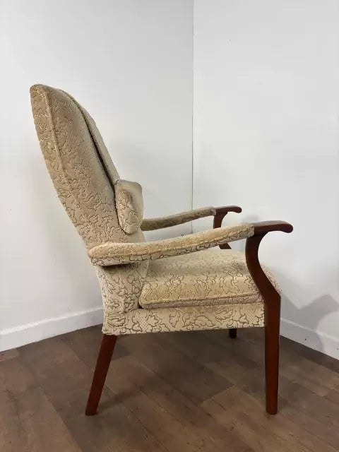 Vintage Parker Knoll Upholstered High Back Armchair – Oak Frame