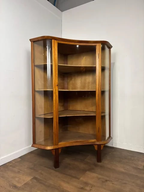 Large Vintage Mahogany Serpentine Fronted Glass Corner Display Cabinet