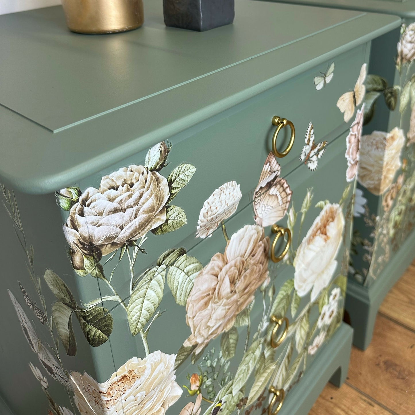 MADE TO ORDER Refurbished vintage Stag Minstrel bedside tables, dusky olive green with floral design, sage nightstands, chest of drawers Mid century