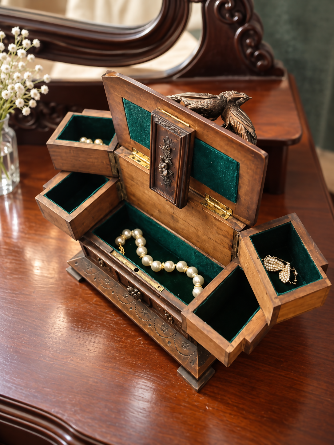 Rare Antique Black Forest Jewellery Trinket Keepsake Box With Carved Pheasants