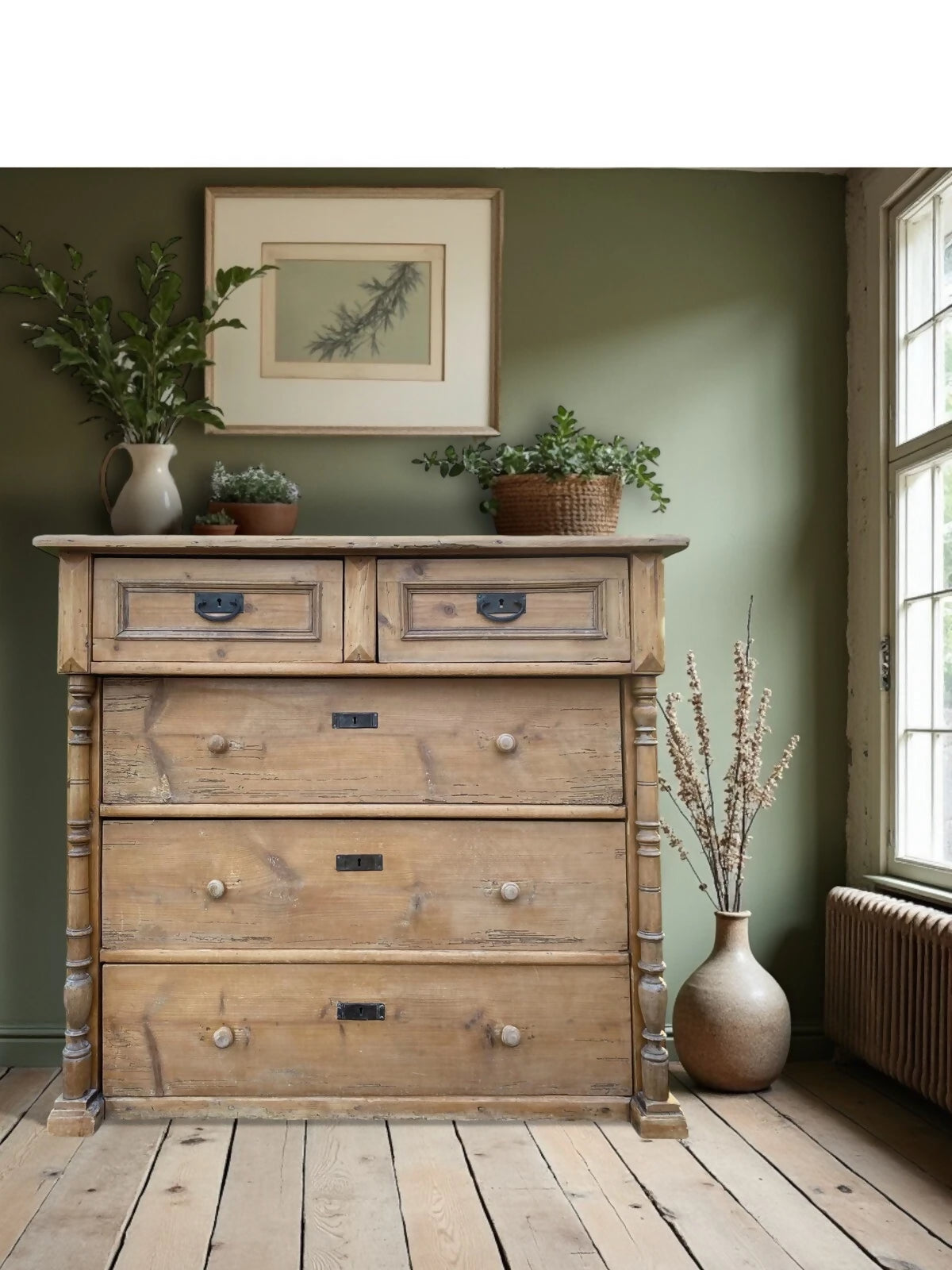 Large Rustic Antique Solid Pine European Style Chest Of Drawers