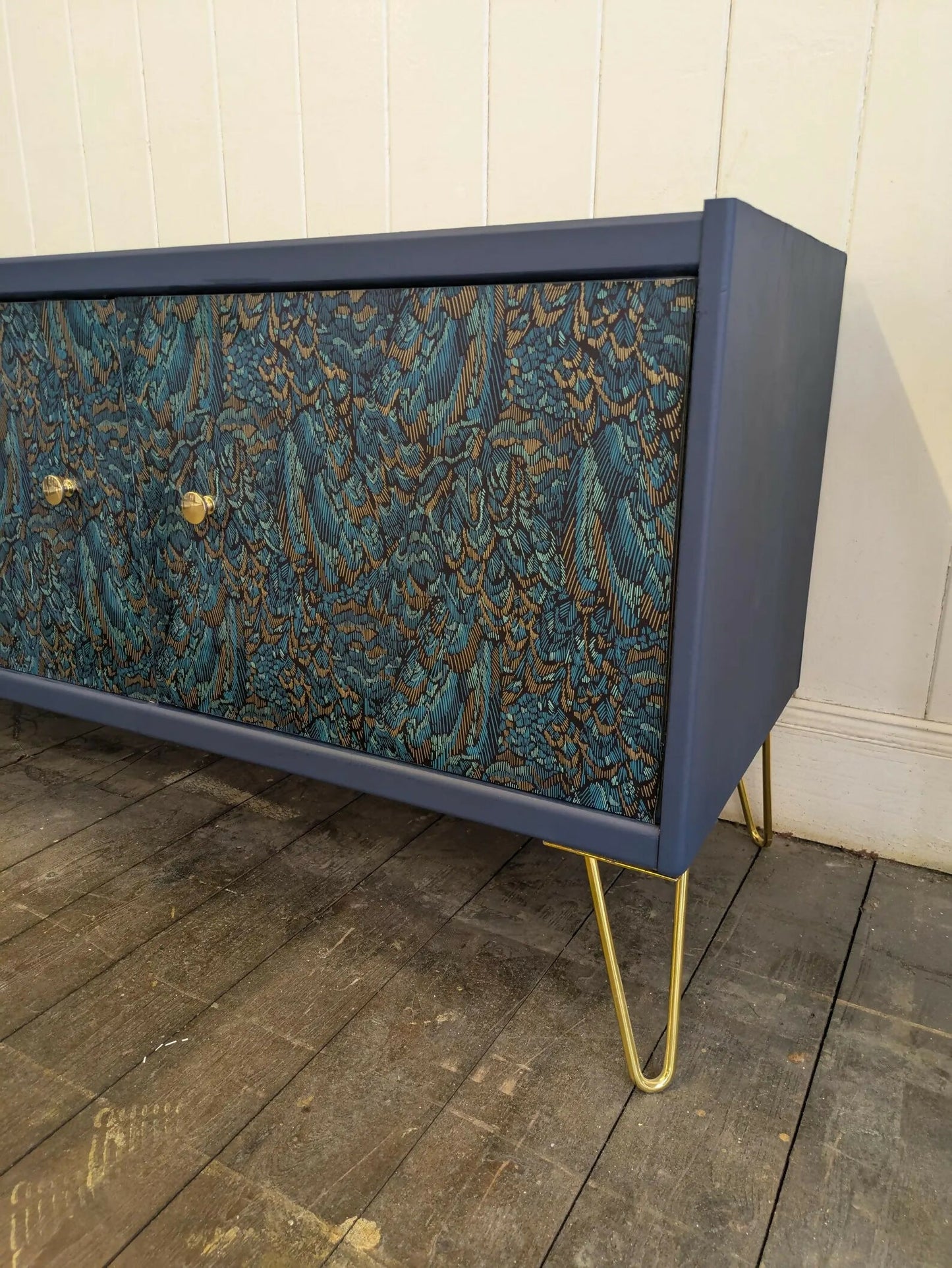G Plan Midcentury Sideboard TV Unit Cocktail Cabinet. Upcycled Painted Blue,Teal Gold Living Room Furniture