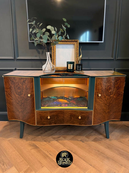 Vintage Art Deco Sideboard TV Console Media Unit | Hand Painted Refurbished Bespoke | Velvet Decoupage Green Gold Botanical Walnut Burl