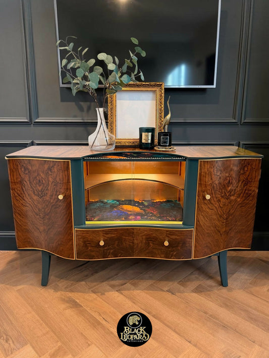 Vintage Art Deco Sideboard TV Console Media Unit | Hand Painted Refurbished Bespoke | Velvet Decoupage Green Gold Botanical Walnut Burl