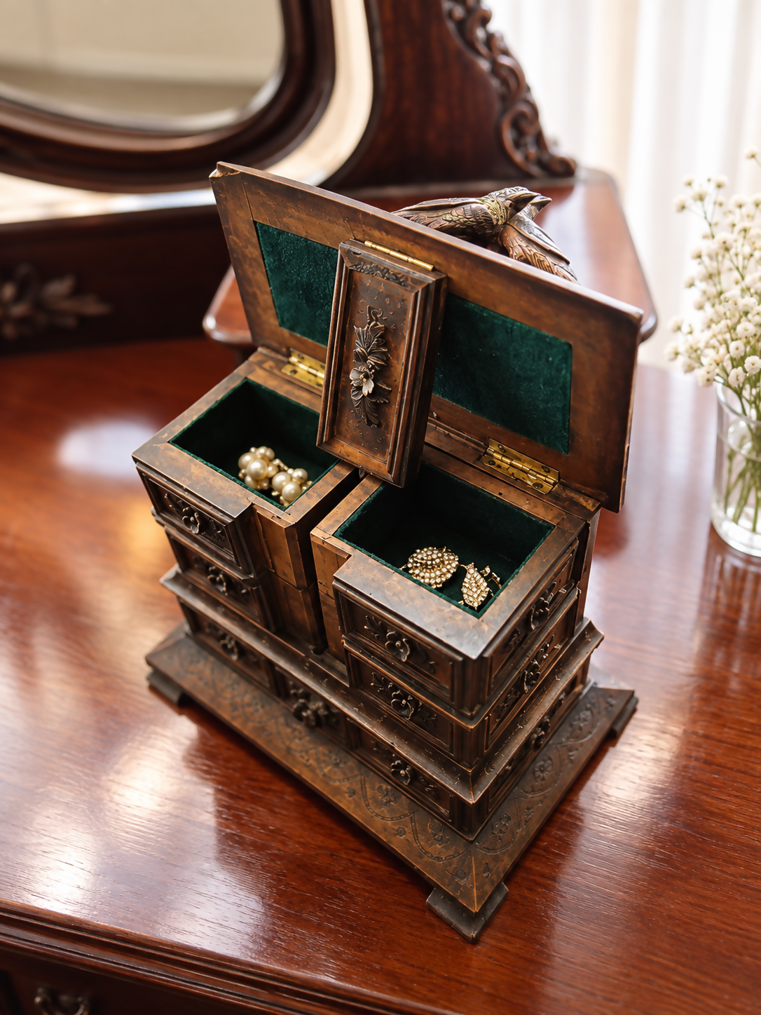 Rare Antique Black Forest Jewellery Trinket Keepsake Box With Carved Pheasants