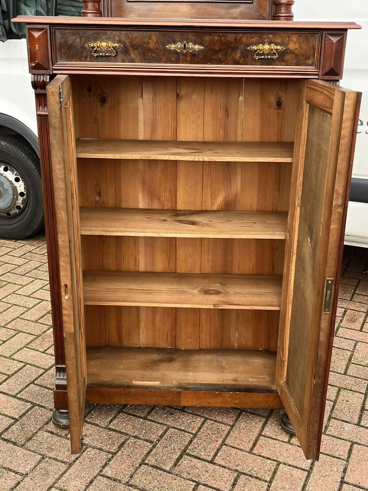 Vintage Walnut Bookcase / Cupboard With Fitted Shelves & Drawer