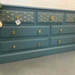 Large Chest Of Drawers Painted Bespoke Stencilled Upcycled Blue Gold Geometric