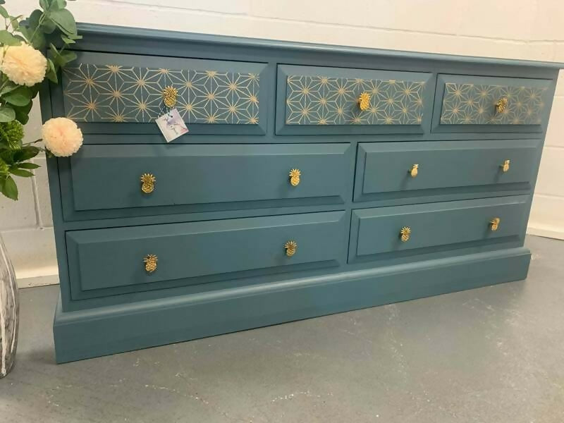 Large Chest Of Drawers Painted Bespoke Stencilled Upcycled Blue Gold Geometric